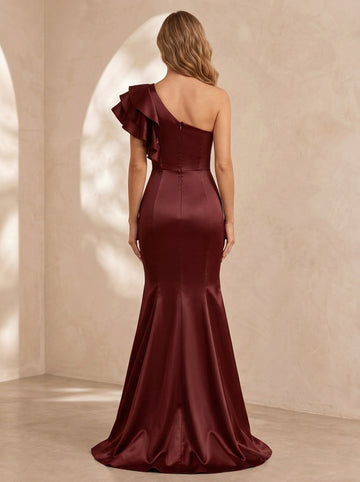 Trumpet/Mermaid One-Shoulder Satin Evening Dresses Floor-Length Sleeveless Formal Dresses With Ruffles