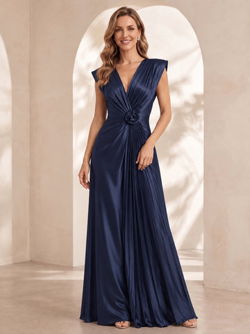 A-Line/Princess Deep V-Neck Silk Satin Evening Dresses Floor-Length Sleeveless With 3D Flower Formal Dresses