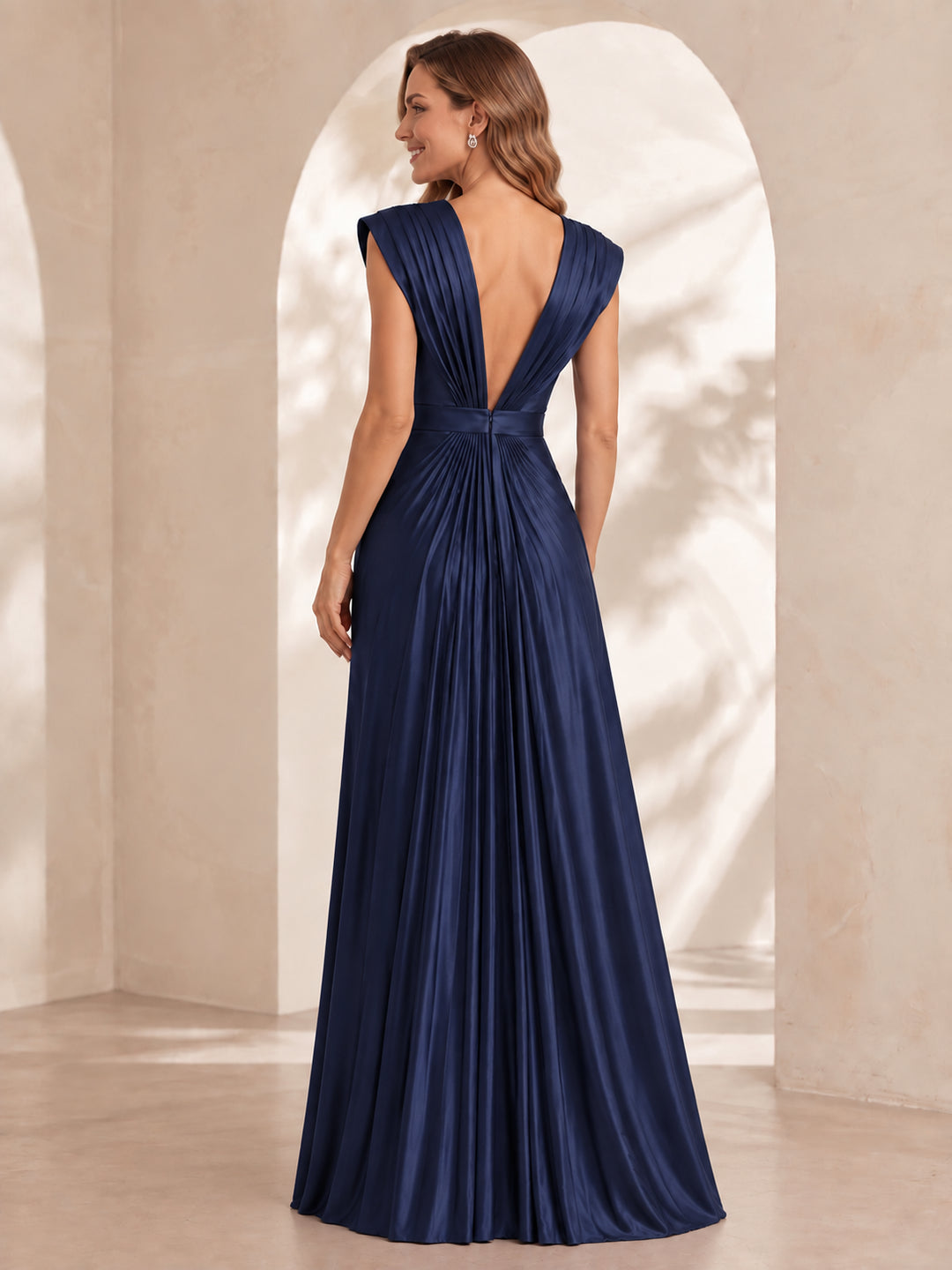 A-Line/Princess Deep V-Neck Silk Satin Evening Dresses Floor-Length Sleeveless With 3D Flower Formal Dresses