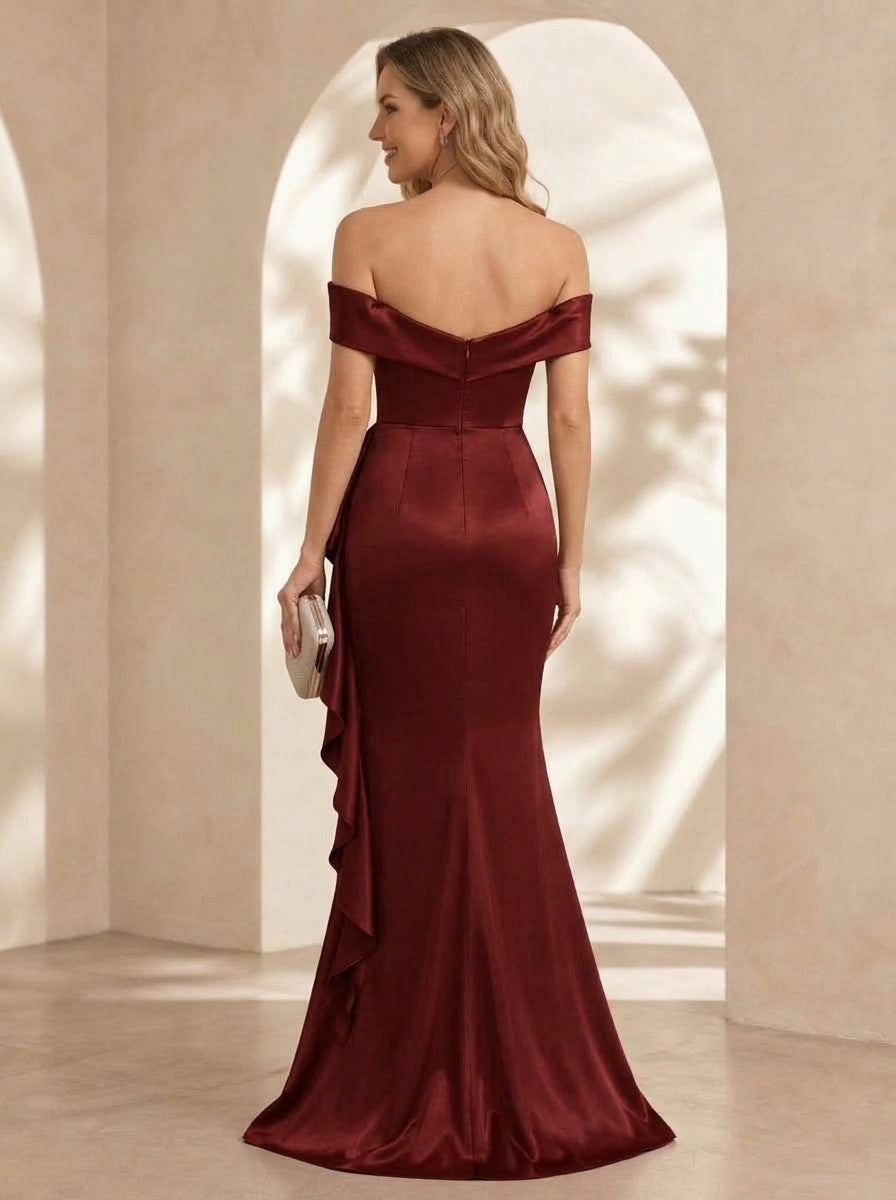 Trumpet/Mermaid Off-the-Shoulder Satin Evening Dresses Floor-Length Sleeveless Sequins With Lace & Ruffles Formal Dresses
