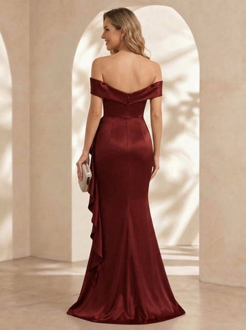 Trumpet/Mermaid Off-the-Shoulder Satin Evening Dresses Floor-Length Sleeveless Sequins With Lace & Ruffles Formal Dresses