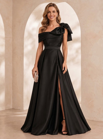 A-Line/Princess One-Shoulder Satin Evening Dresses Floor-Length Sleeveless Formal Dresses With Bowknot & Split Side