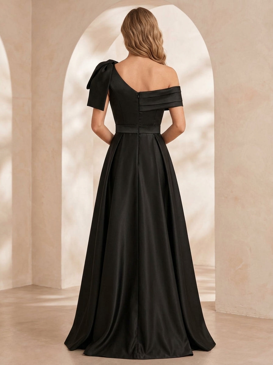 A-Line/Princess One-Shoulder Satin Evening Dresses Floor-Length Sleeveless Formal Dresses With Bowknot & Split Side