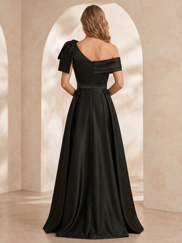A-Line/Princess One-Shoulder Satin Evening Dresses Floor-Length Sleeveless Formal Dresses With Bowknot & Split Side