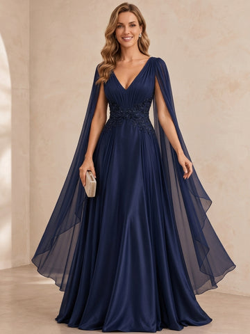 A-Line/Princess Deep V-Neck Silk Satin Evening Dresses Floor-Length Cape Sleeves With Beading Formal Dresses