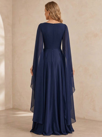 A-Line/Princess Deep V-Neck Silk Satin Evening Dresses Floor-Length Cape Sleeves With Beading Formal Dresses