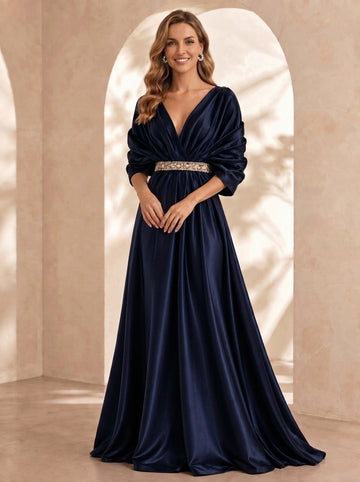 A-Line/Princess V-Neck Silk Satin Evening Dresses Floor-Length 3/4 Sleeves With Belt Formal Dresses