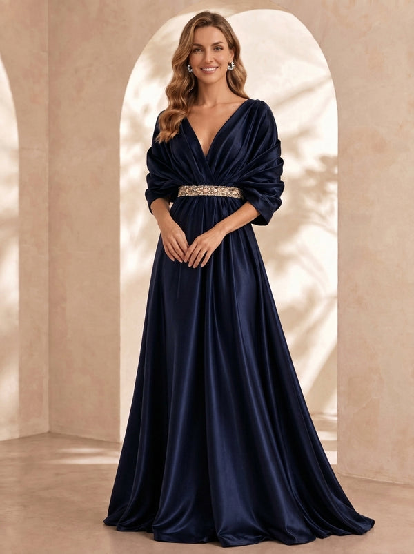 A-Line/Princess V-Neck Silk Satin Evening Dresses Floor-Length 3/4 Sleeves With Belt Formal Dresses