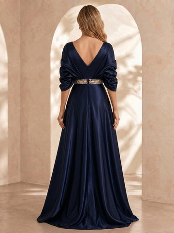 A-Line/Princess V-Neck Silk Satin Evening Dresses Floor-Length 3/4 Sleeves With Belt Formal Dresses