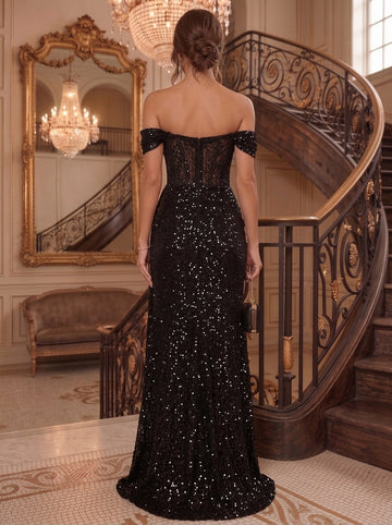 Sheath/Column Off-the-Shoulder Sequins Evening Dresses Floor-Length Sleeveless With Split Side Ruched Formal Dresses