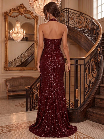 Sheath/Column Halter Sequins Evening Dresses Floor-Length Sleeveless With Split Side Ruched Formal Dresses