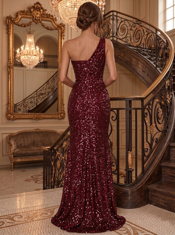 Sheath/Column One-Shoulder Sequins Evening Dresses Floor-Length Sleeveless With High Split & Ruched Formal Dresses