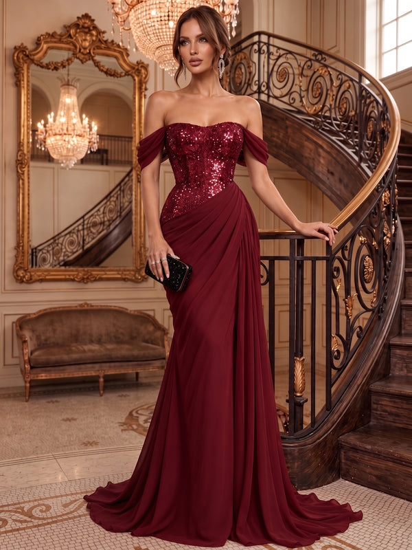 A-Line/Princess Off-the-Shoulder Sequins Evening Dresses Floor-Length  Sleeveless With Ruched Formal Dresses