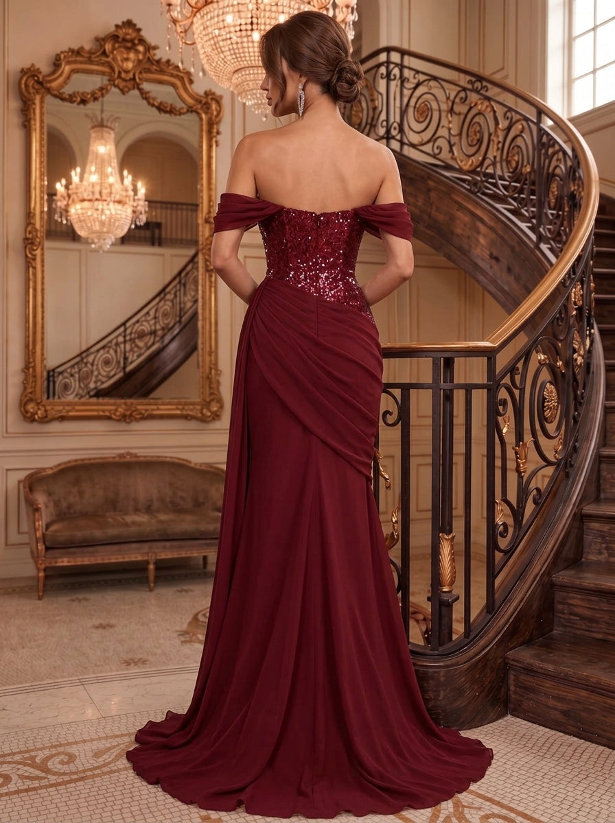 A-Line/Princess Off-the-Shoulder Sequins Evening Dresses Floor-Length  Sleeveless With Ruched Formal Dresses