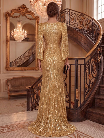 Sheath/Column V-Neck Sequins Evening Dresses Floor-Length Long Sleeves Pleated Formal Dresses