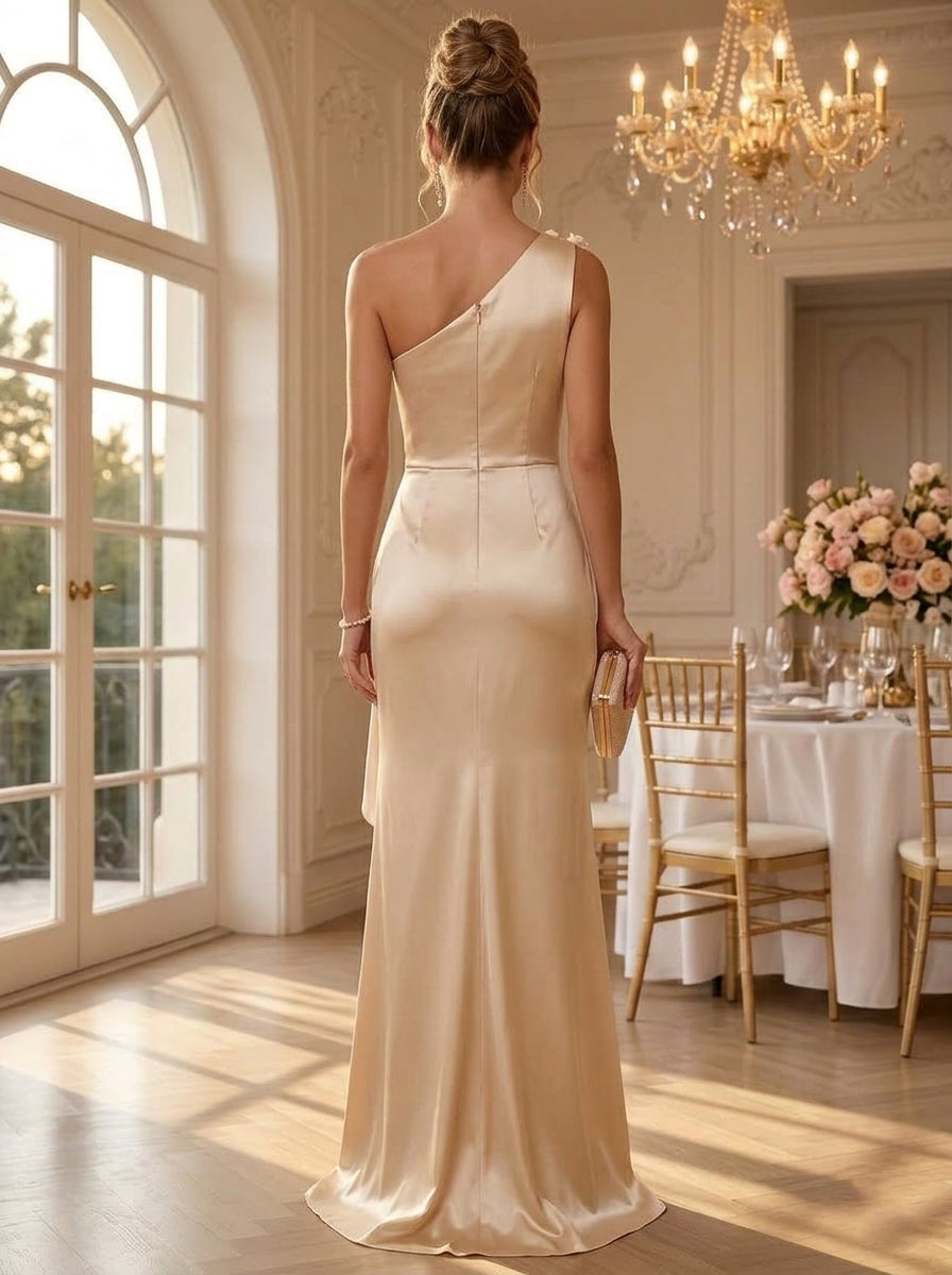 Sheath/Column One-Shoulder Silk Satin Evening Dresses Asymmetrical Floor-Length Sleeveless With 3D Flowers Formal Dresses