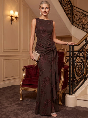 Sheath/Column Boat Neck Lace Embroidery Evening Dresses Floor-Length Floral Sleeveless Ruffles Formal Dresses