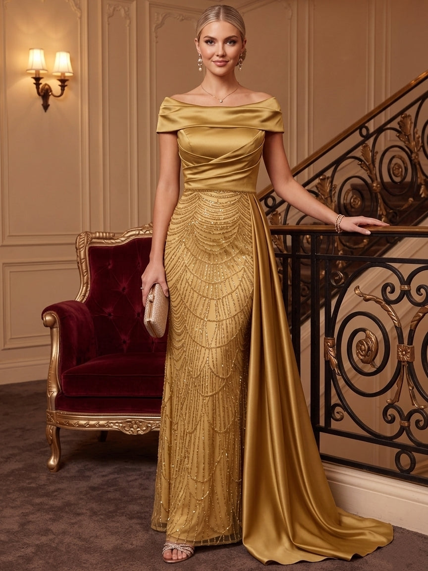 Sheath/Column Off-the-Shoulder Satin Evening Dresses with Watteau Train Sequins Floor-Length Sleeveless Formal Dresses