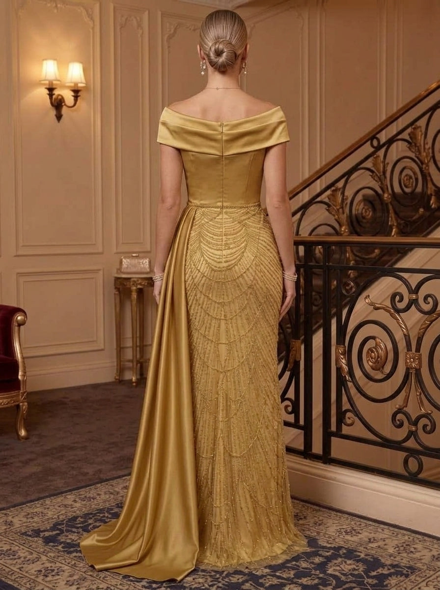 Sheath/Column Off-the-Shoulder Satin Evening Dresses with Watteau Train Sequins Floor-Length Sleeveless Formal Dresses