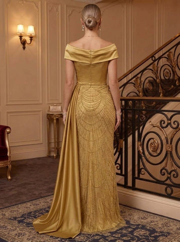 Sheath/Column Off-the-Shoulder Satin Evening Dresses with Watteau Train Sequins Floor-Length Sleeveless Formal Dresses