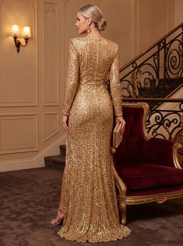 Sheath/Column V-Neck Sequins Evening Dresses Floor-Length Long Sleeves Formal Dresses