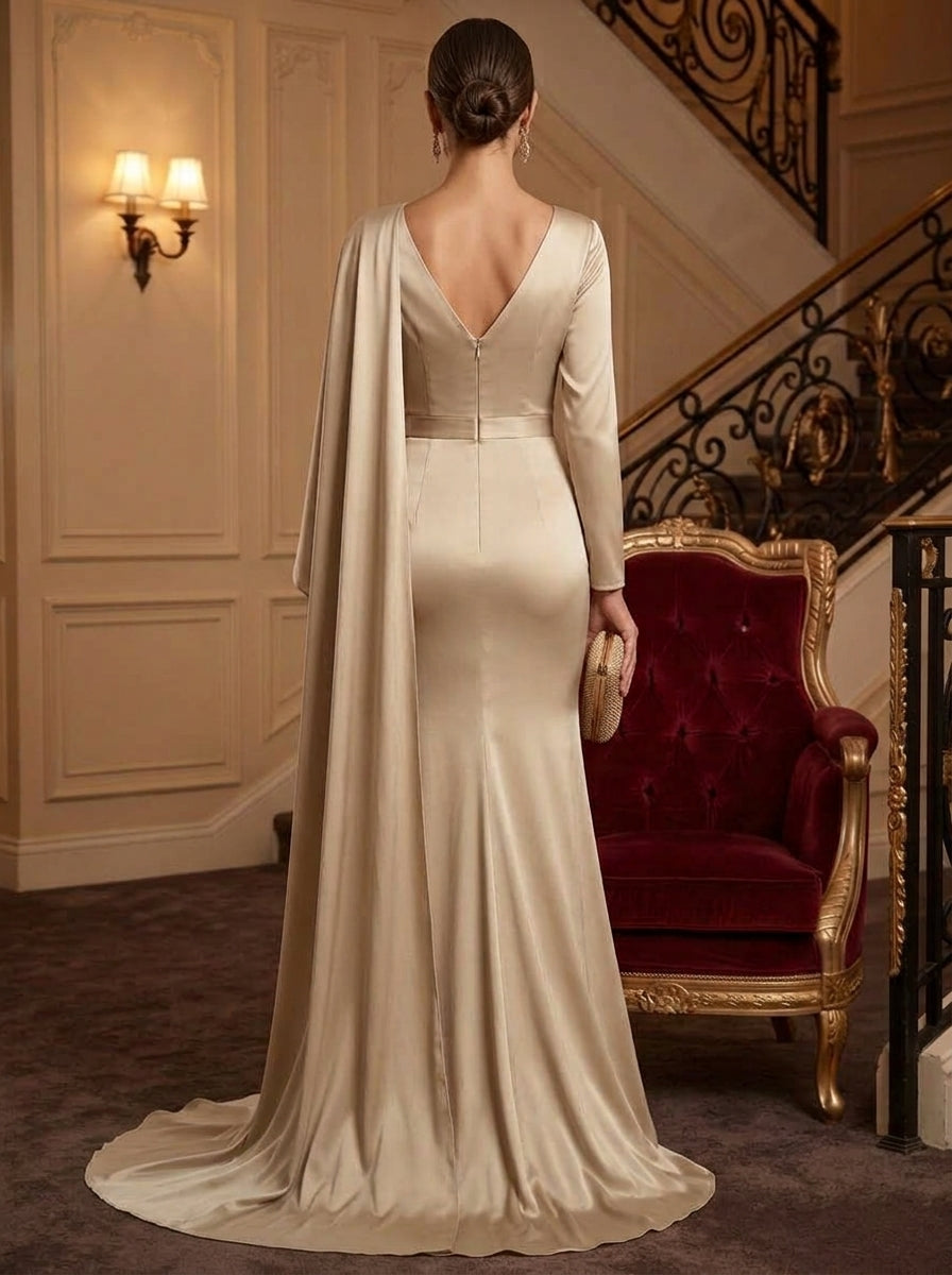 Trumpet/Mermaid V-Neck Satin Evening Dresses Floor-Length Ruched Long Sleeves Formal Dresses
