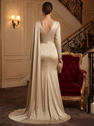 Trumpet/Mermaid V-Neck Satin Evening Dresses Floor-Length Ruched Long Sleeves Formal Dresses