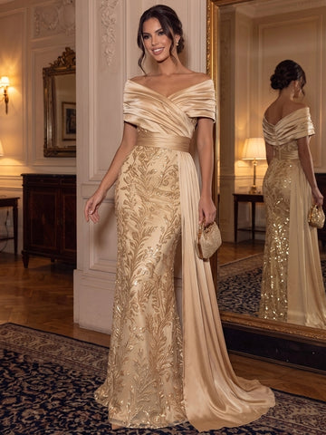 Sheath/Column Off-the-Shoulder Satin Evening Dresses Floor-Length Sleeveless Sequins Formal Dresses