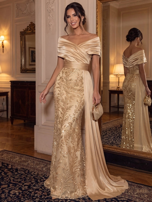 Sheath/Column Off-the-Shoulder Satin Evening Dresses Floor-Length Sleeveless Sequins Formal Dresses