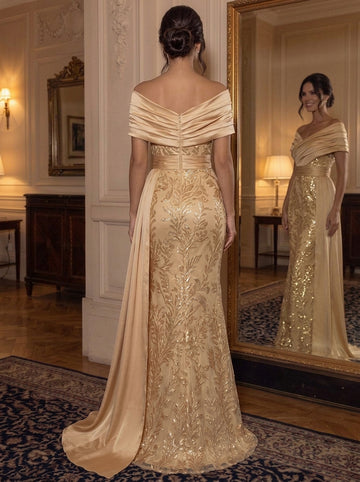 Sheath/Column Off-the-Shoulder Satin Evening Dresses Floor-Length Sleeveless Sequins Formal Dresses