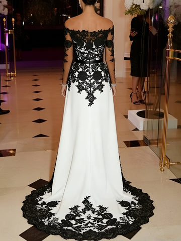 Jumpsuit Off-the-Shoulder Stretch Satin Evening Dresses with Overskirt Lace Long Sleeves Party Dresses