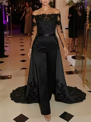 Jumpsuit Off-the-Shoulder Stretch Satin Evening Dresses with Overskirt Lace Long Sleeves Party Dresses