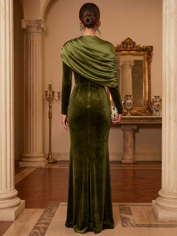 2 Pieces Sheath/Column Scoop Velvet Evening Dresses Floor-Length Long Sleeves Formal Dresses With Draped Satin Scarf