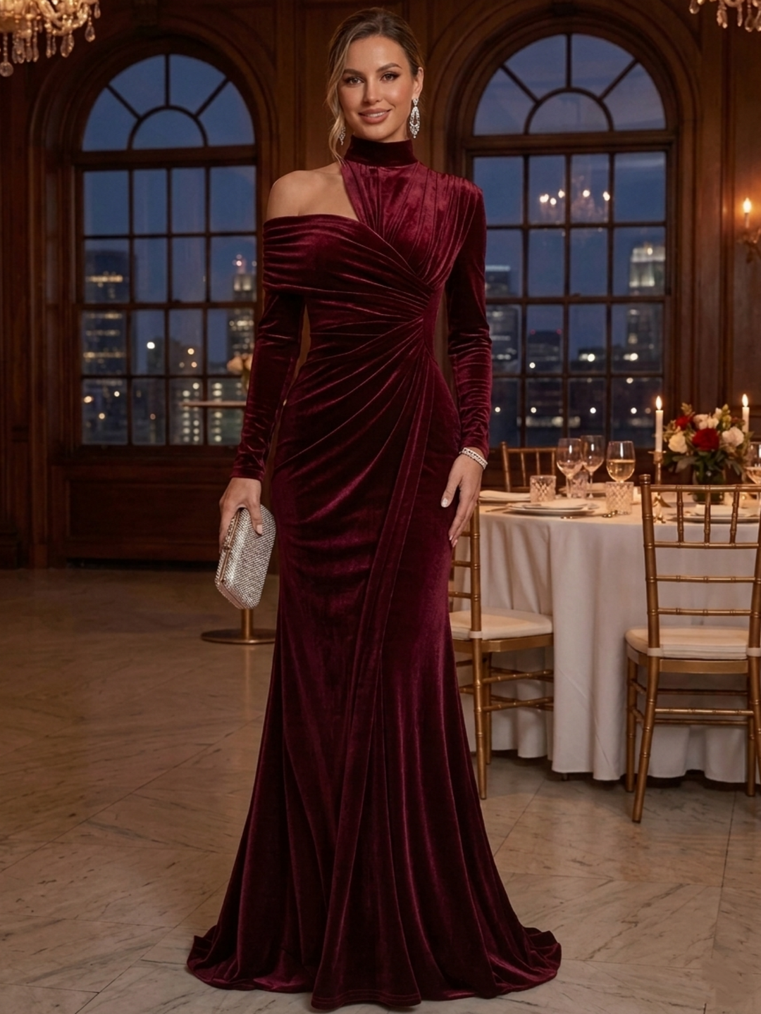 Trumpet/Mermaid Mock Neck Velvet Evening Dresses Floor-Length Long Sleeves Formal Dresses Ruched