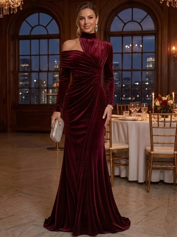 Trumpet/Mermaid Mock Neck Velvet Evening Dresses Floor-Length Long Sleeves Formal Dresses Ruched
