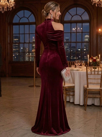 Trumpet/Mermaid Mock Neck Velvet Evening Dresses Floor-Length Long Sleeves Formal Dresses Ruched