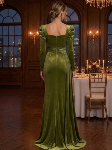 Trumpet/Mermaid Square Neck Velvet Evening Dresses Floor-Length Long Sleeves Formal Dresses With Split Side & Ruffles