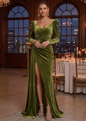 Trumpet/Mermaid Square Neck Velvet Evening Dresses Floor-Length Long Sleeves Formal Dresses With Split Side & Ruffles