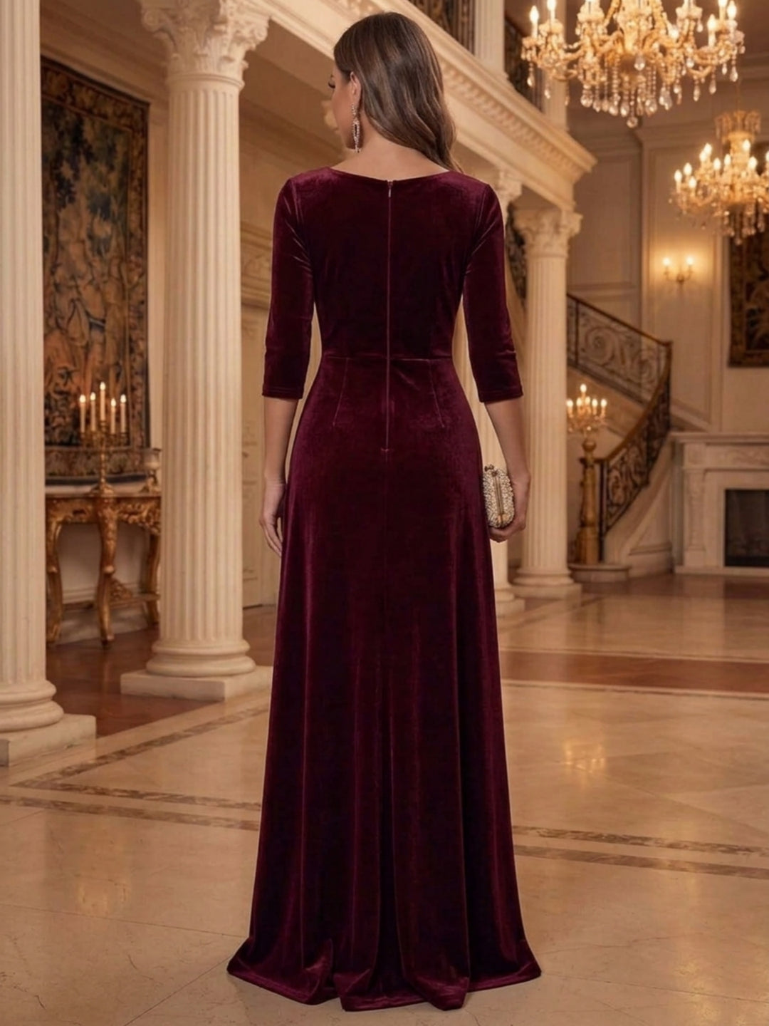 A-Line/Princess V-Neck Velvet Evening Dresses Floor-Length 3/4 Sleeves Formal Dresses With Pearls & Split Side