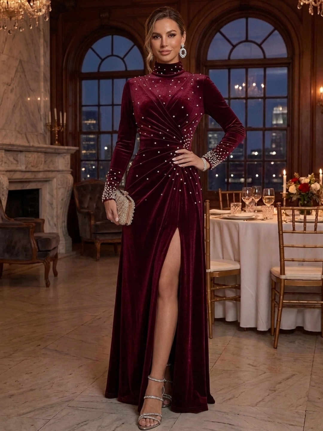 A-Line/Princess Mock Neck Velvet Evening Dresses Floor-Length Long Sleeves Formal Dresses With Pearls & Split Side