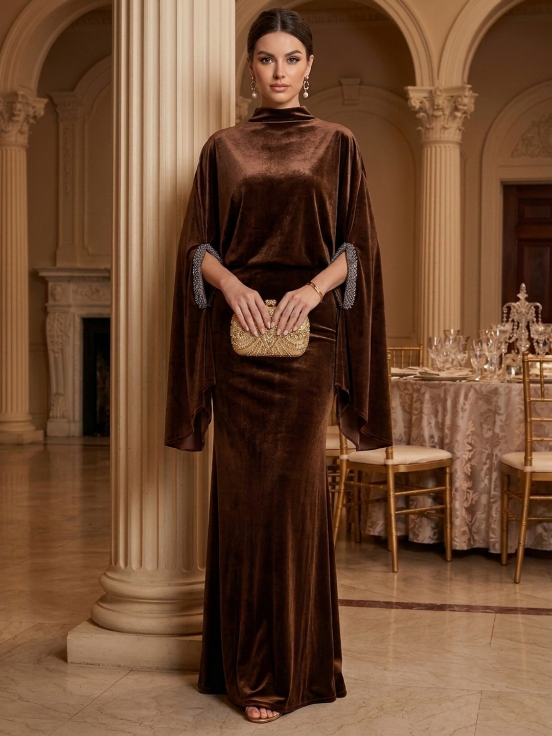 Sheath/Column Mock Neck Velvet Evening Dresses Floor-Length Cape Sleeves Formal Dresses With Rhinestones
