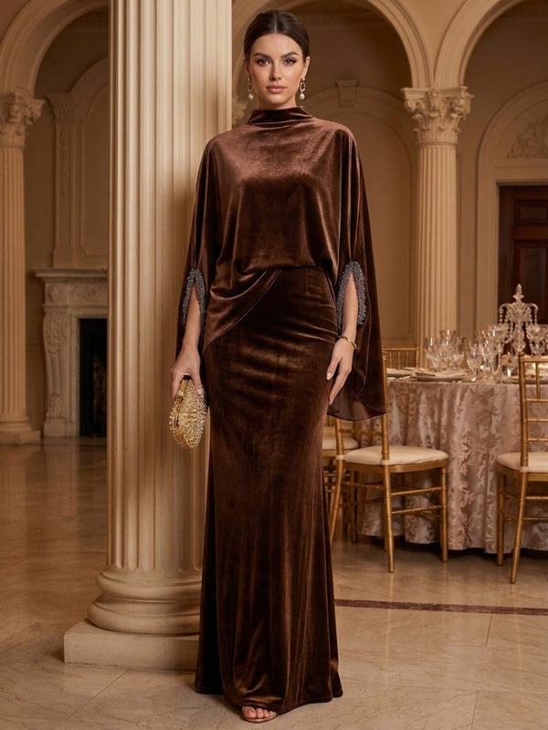 Sheath/Column Mock Neck Velvet Evening Dresses Floor-Length Cape Sleeves Formal Dresses With Rhinestones
