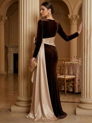 Sheath/Column Boat Neck Velvet Evening Dresses Floor-Length Long Sleeves Formal Dresses With Bowknot