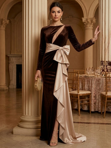 Sheath/Column Boat Neck Velvet Evening Dresses Floor-Length Long Sleeves Formal Dresses With Bowknot