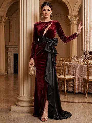 Sheath/Column Boat Neck Velvet Evening Dresses Floor-Length Long Sleeves Formal Dresses With Bowknot
