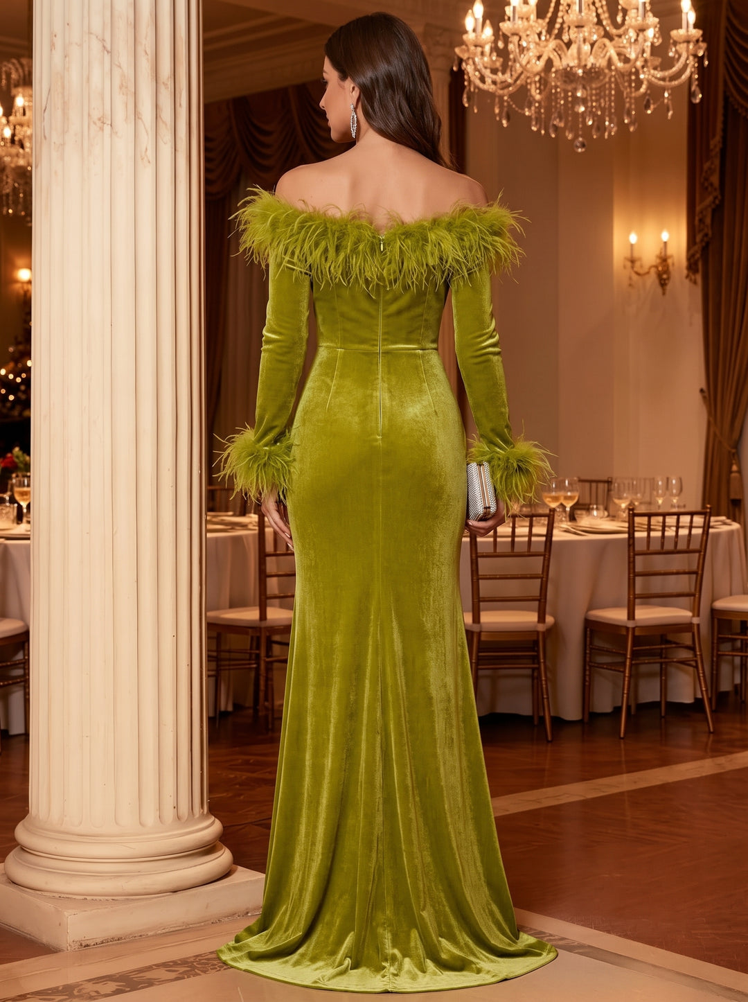 Trumpet/Mermaid Off-the-Shoulder Velvet Evening Dresses Floor-Length Long Sleeves Formal Dresses With Split Side & Feathers