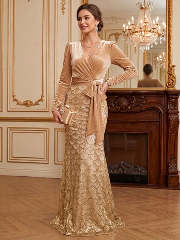 Sheath/Column V-Neck Velvet Evening Dresses Floor-Length Long Sleeves Sequins Formal Dresses With Bowknot