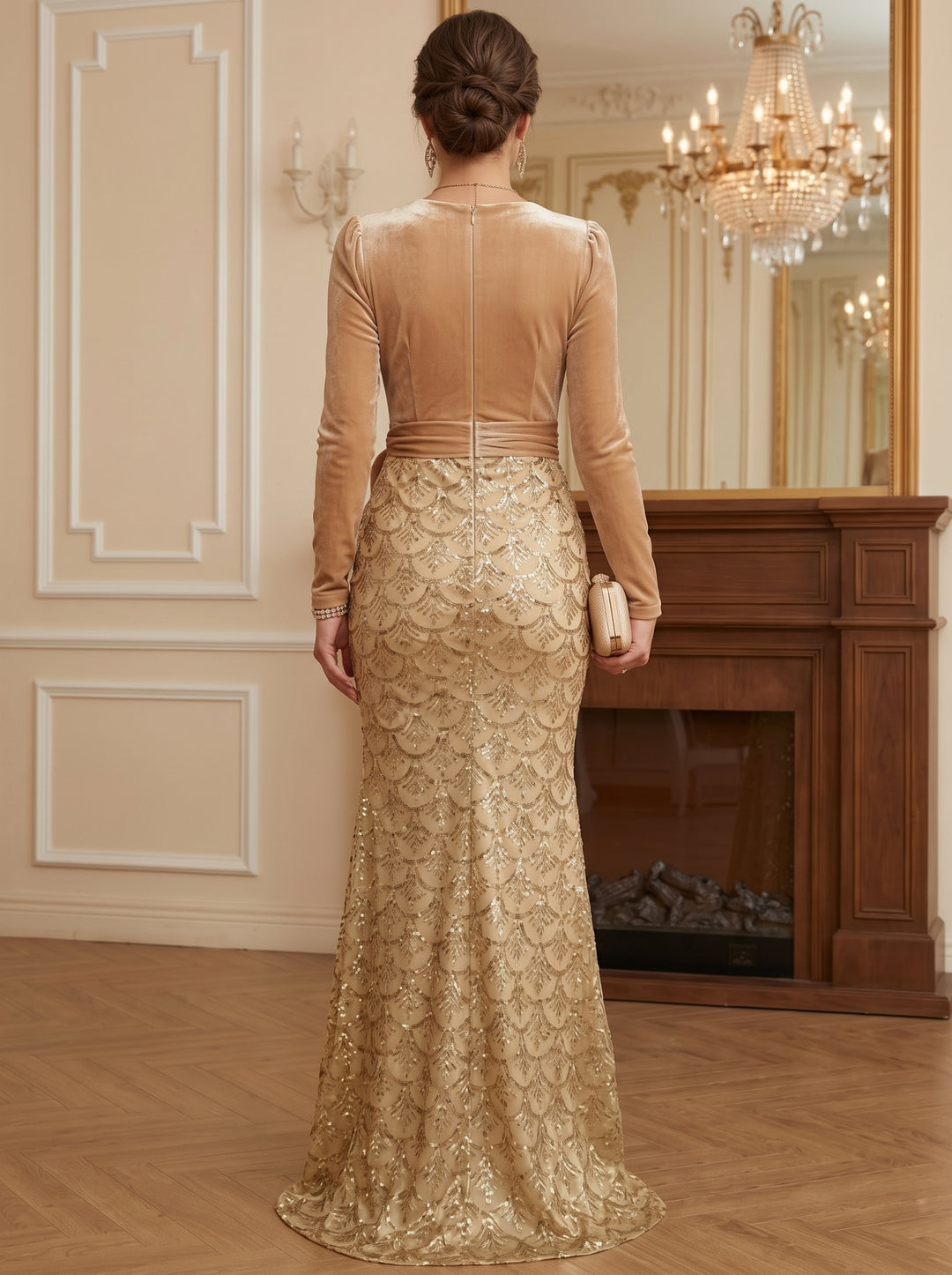 Sheath/Column V-Neck Velvet Evening Dresses Floor-Length Long Sleeves Sequins Formal Dresses With Bowknot