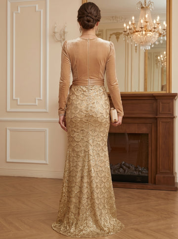 Sheath/Column V-Neck Velvet Evening Dresses Floor-Length Long Sleeves Sequins Formal Dresses With Bowknot
