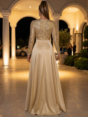 V-Neck Satin Evening Jumpsuits Sequins Floor-Length Long Sleeves Formal Jumpsuits With Overskirt
